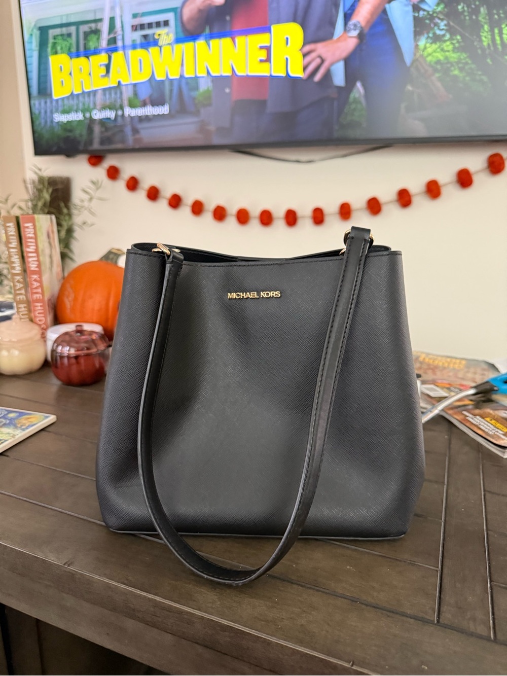 MICHAEL KORS Black Saffiano Shoulder Tote with Gold Logo